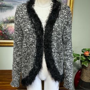 Chico’s Black Mixed Gray Fuzzy Front Trim Cardigan Sweater